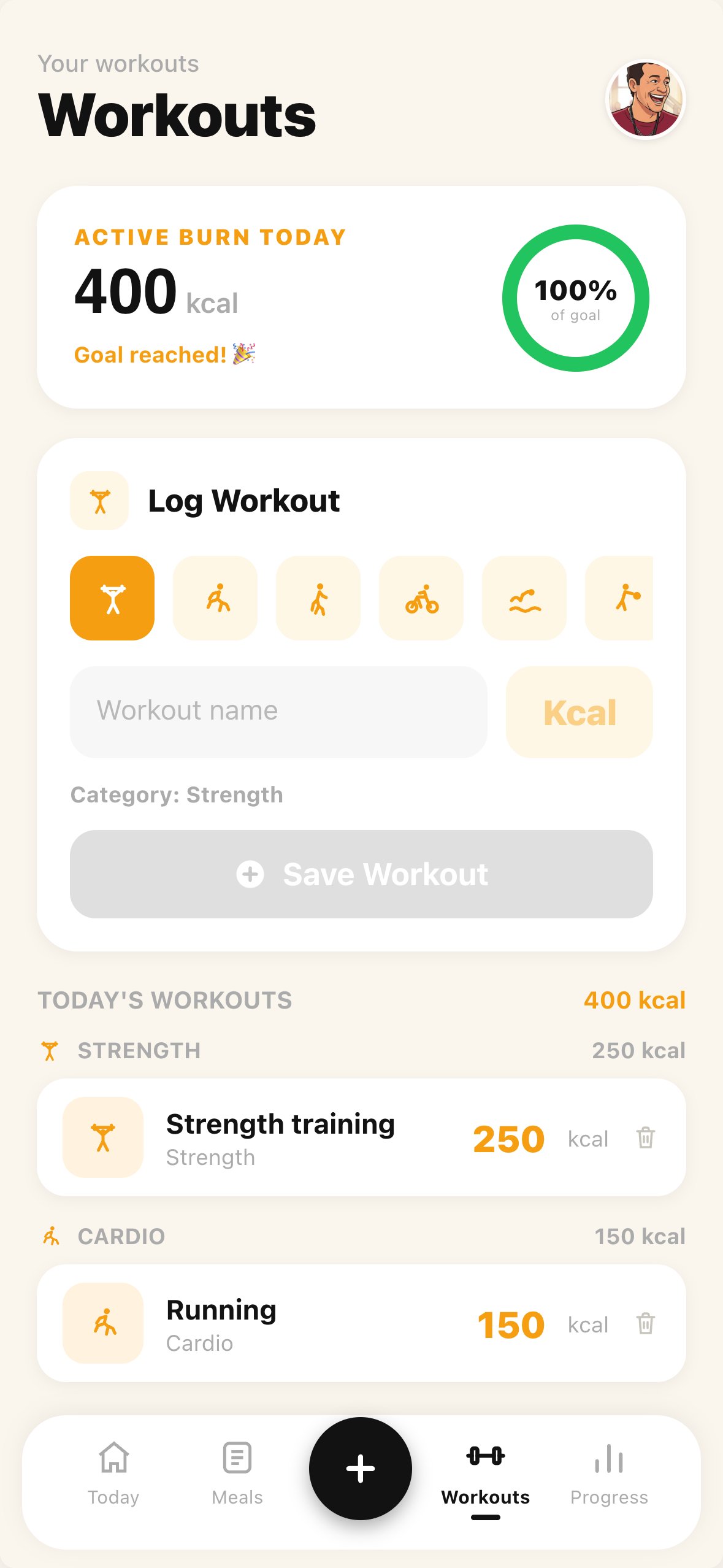 Exercise screen with active burn