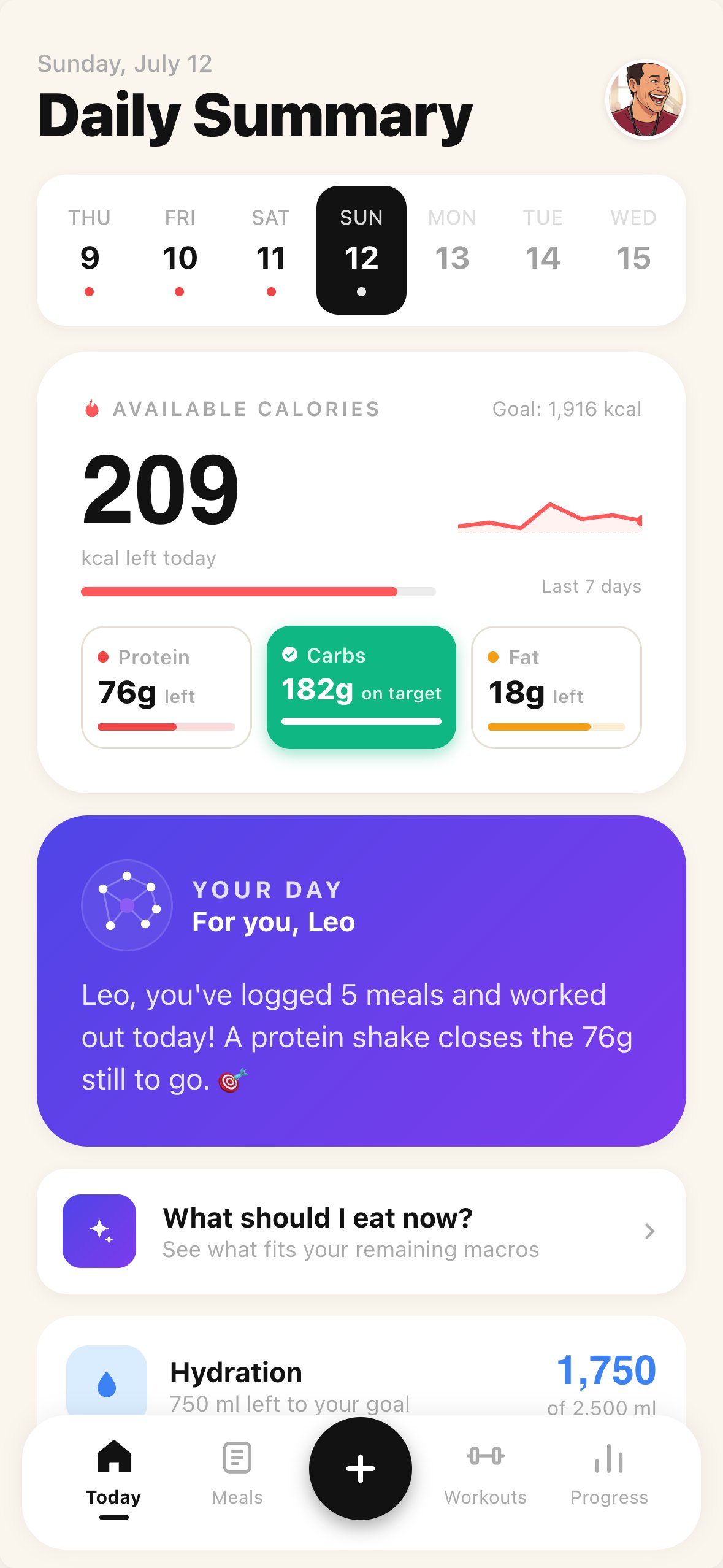 Macros home screen showing calories remaining and the day's macros