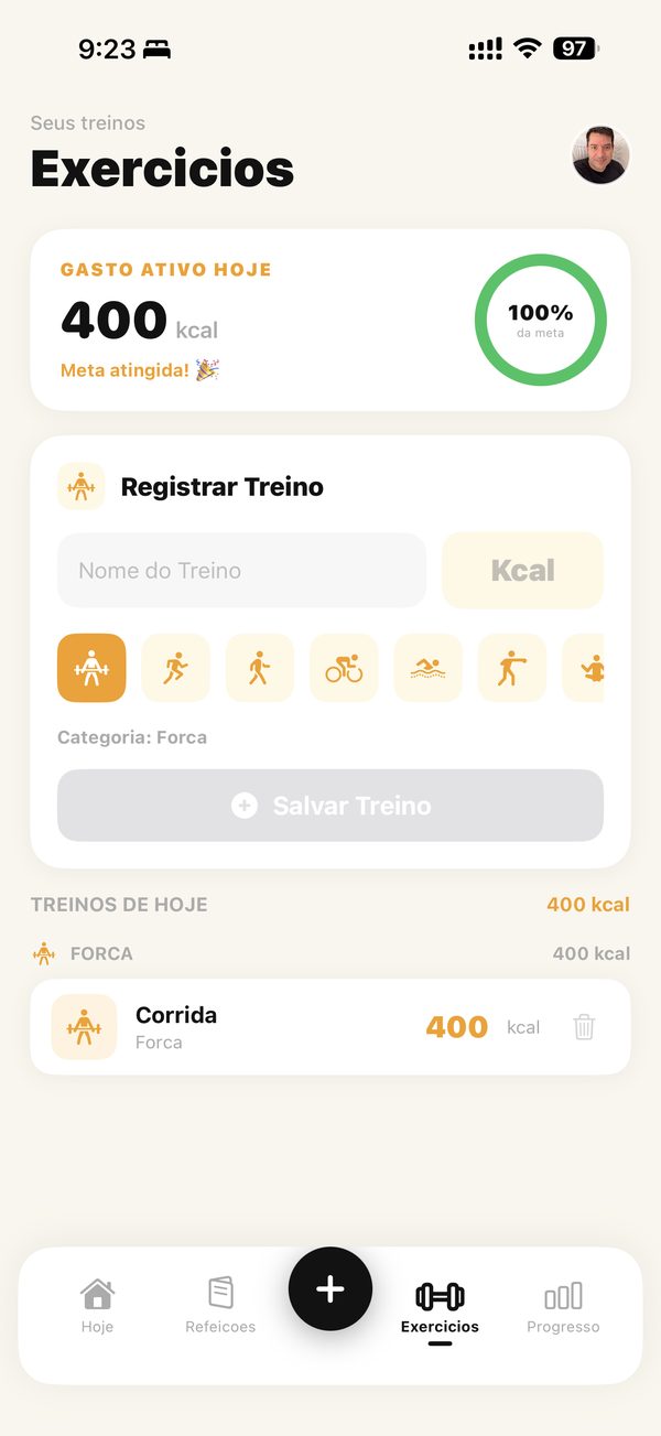 Tela de exercicios com gasto ativo