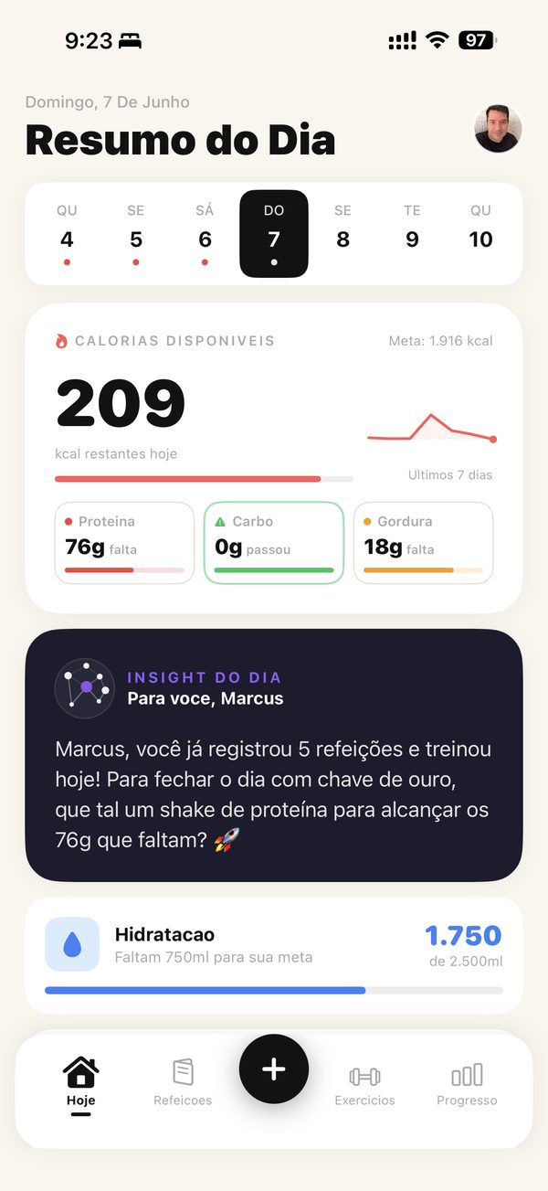 Tela inicial do Macros com calorias disponiveis e macros do dia