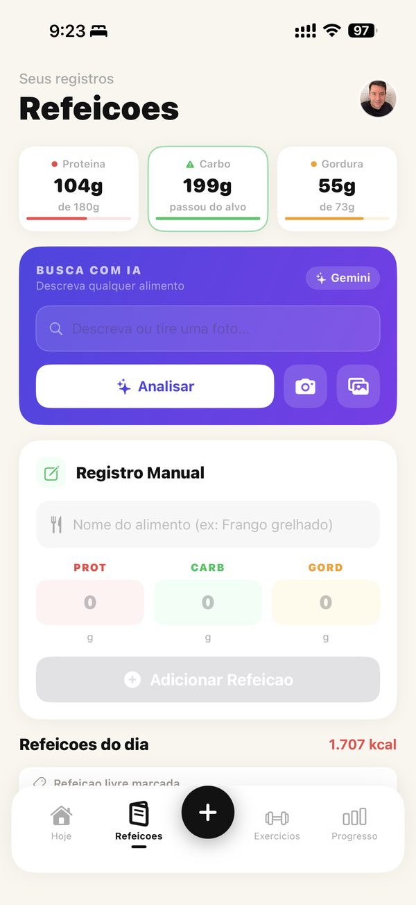 Tela de refeicoes com busca por IA